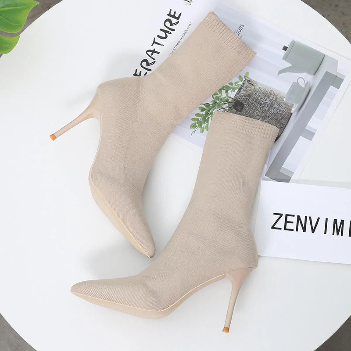 2022 stivali da donna di lusso con calzino nero Beige stivali con tacco alto sottile stivali in maglia elastica stivali invernal