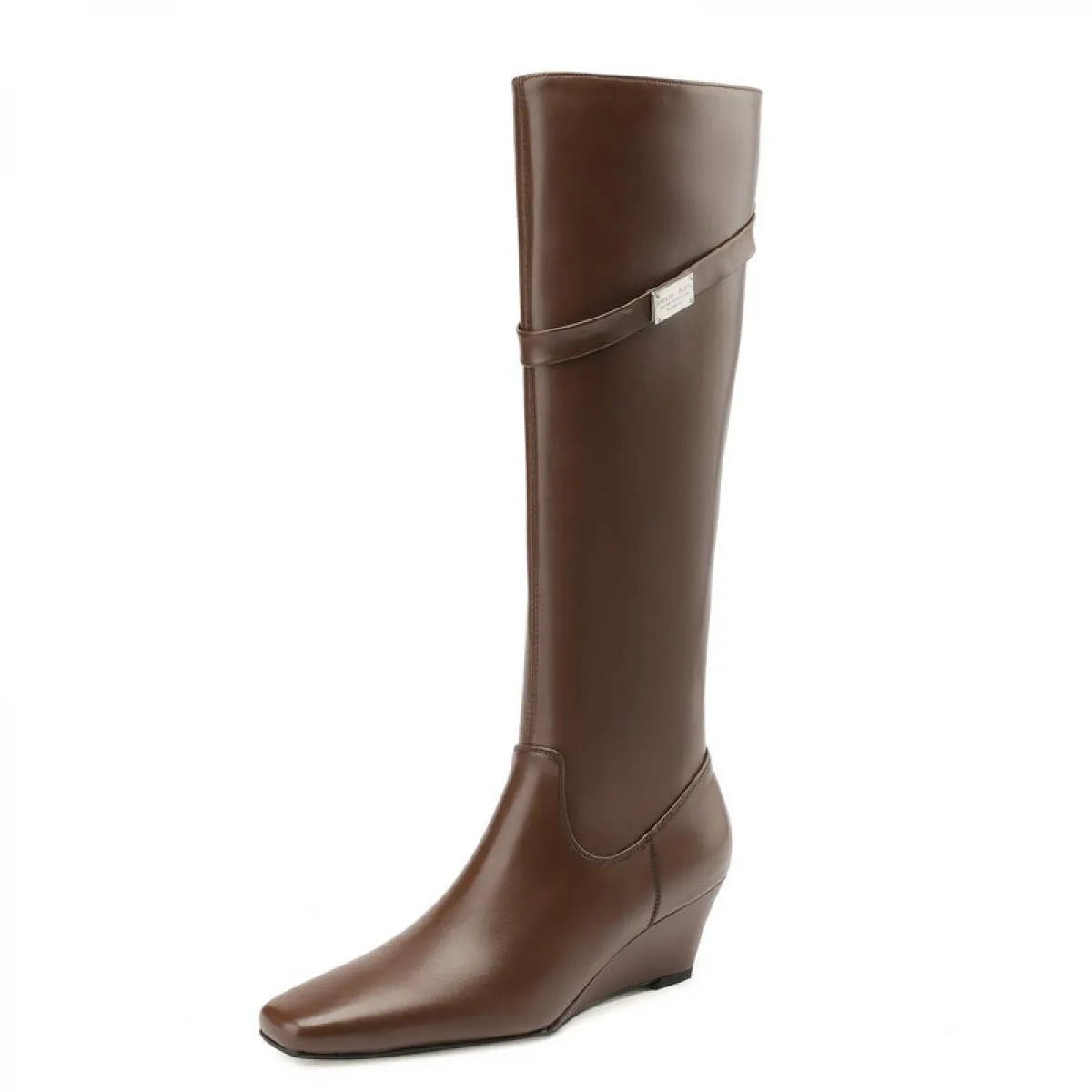 2024 Nuove Donne Stivali Alti Al Ginocchio Punta Quadrata Zeppe Tacchi Alti Scarpe di Cuoio Genuini Donna Autunno Inverno Partit