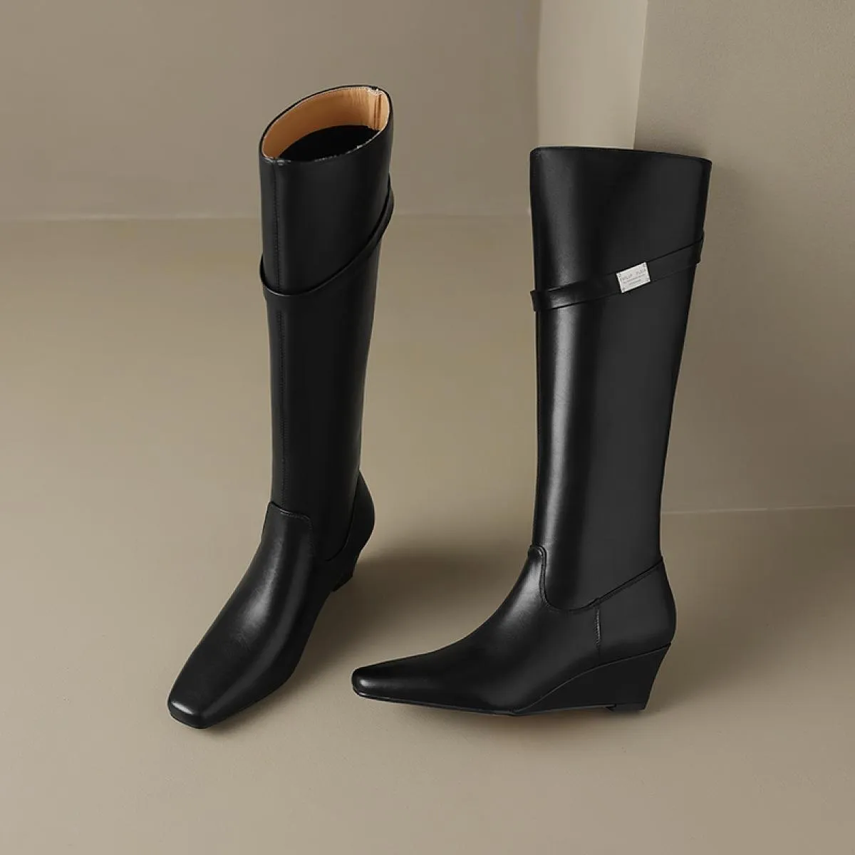 2024 Nuove Donne Stivali Alti Al Ginocchio Punta Quadrata Zeppe Tacchi Alti Scarpe di Cuoio Genuini Donna Autunno Inverno Partit