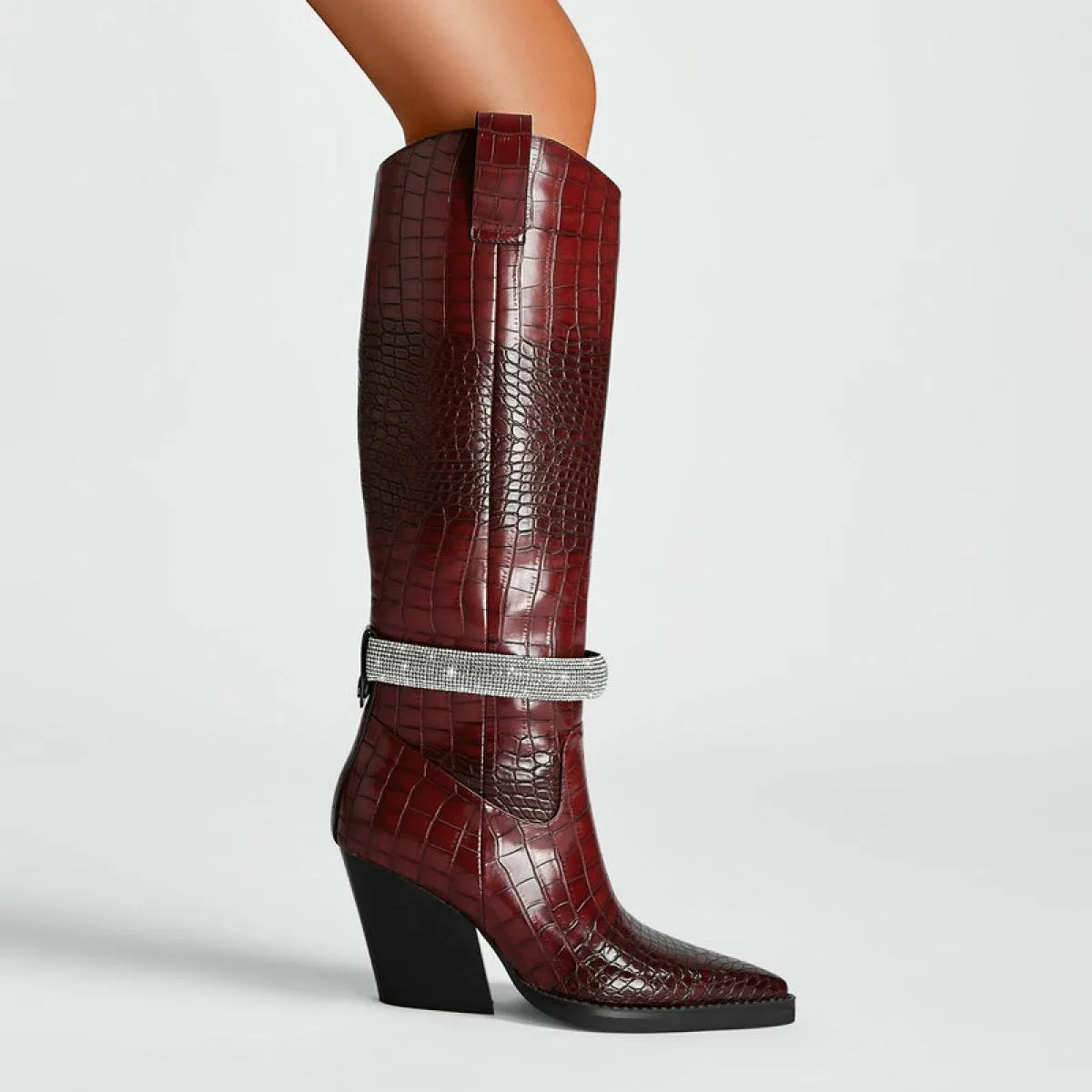2024 Nuove donne Stivali alti al ginocchio Western Chunky Tacchi alti Moda Autunno Inverno Scarpe a punta di grandi dimensioni 3