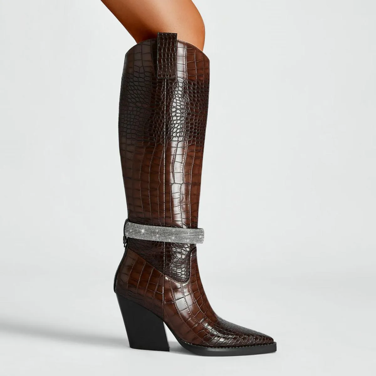 2024 Nuove donne Stivali alti al ginocchio Western Chunky Tacchi alti Moda Autunno Inverno Scarpe a punta di grandi dimensioni 3