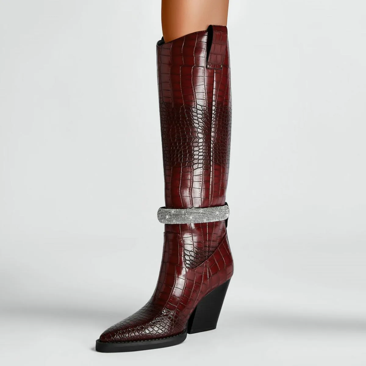 2024 Nuove donne Stivali alti al ginocchio Western Chunky Tacchi alti Moda Autunno Inverno Scarpe a punta di grandi dimensioni 3