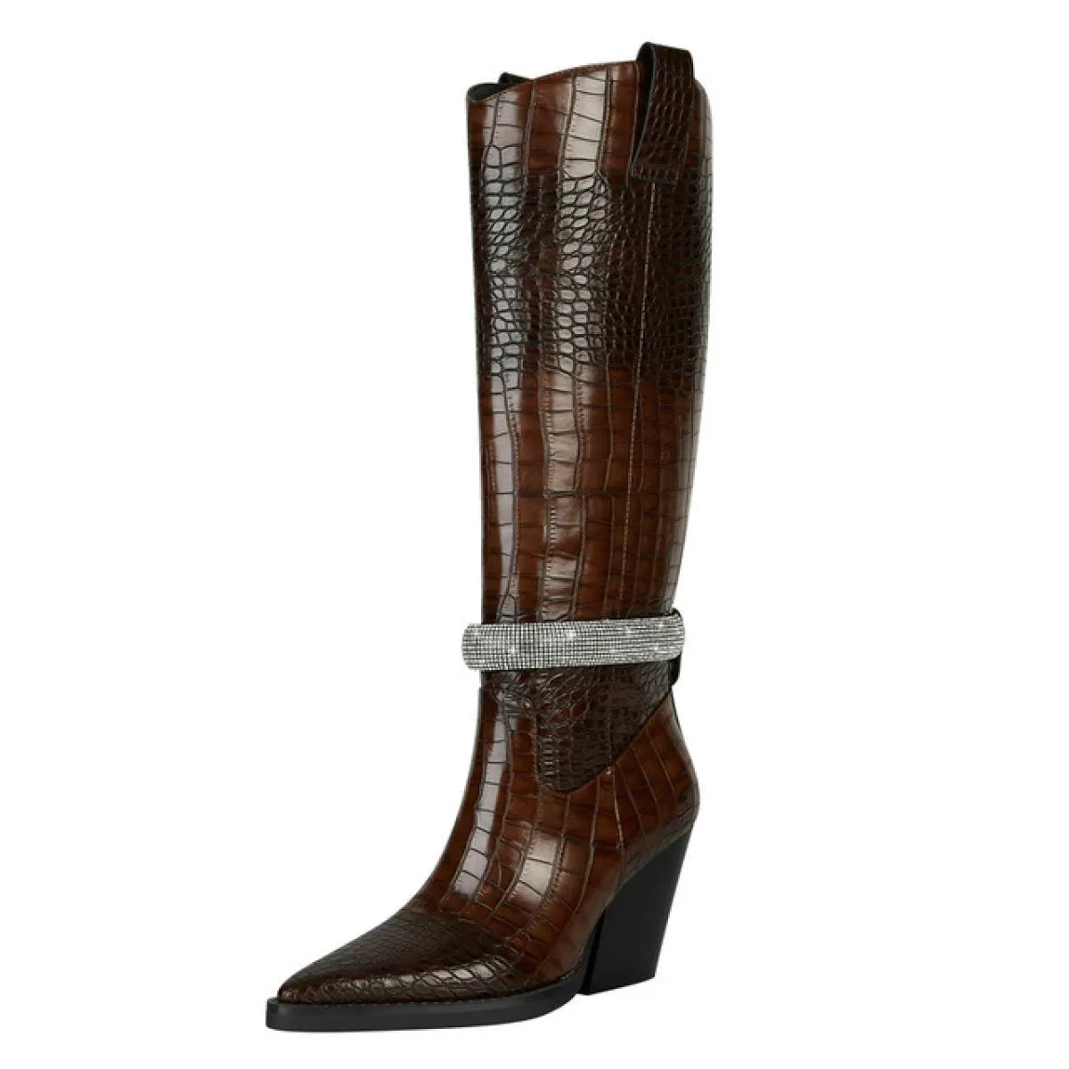 2024 Nuove donne Stivali alti al ginocchio Western Chunky Tacchi alti Moda Autunno Inverno Scarpe a punta di grandi dimensioni 3