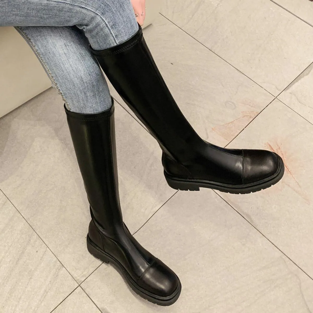 2024 Punk Donne Piattaforme Stivali Alti Al Ginocchio Stivali Da Moto Tacchi Med Scarpe di Pelle Genuina Donna Primavera Inverno