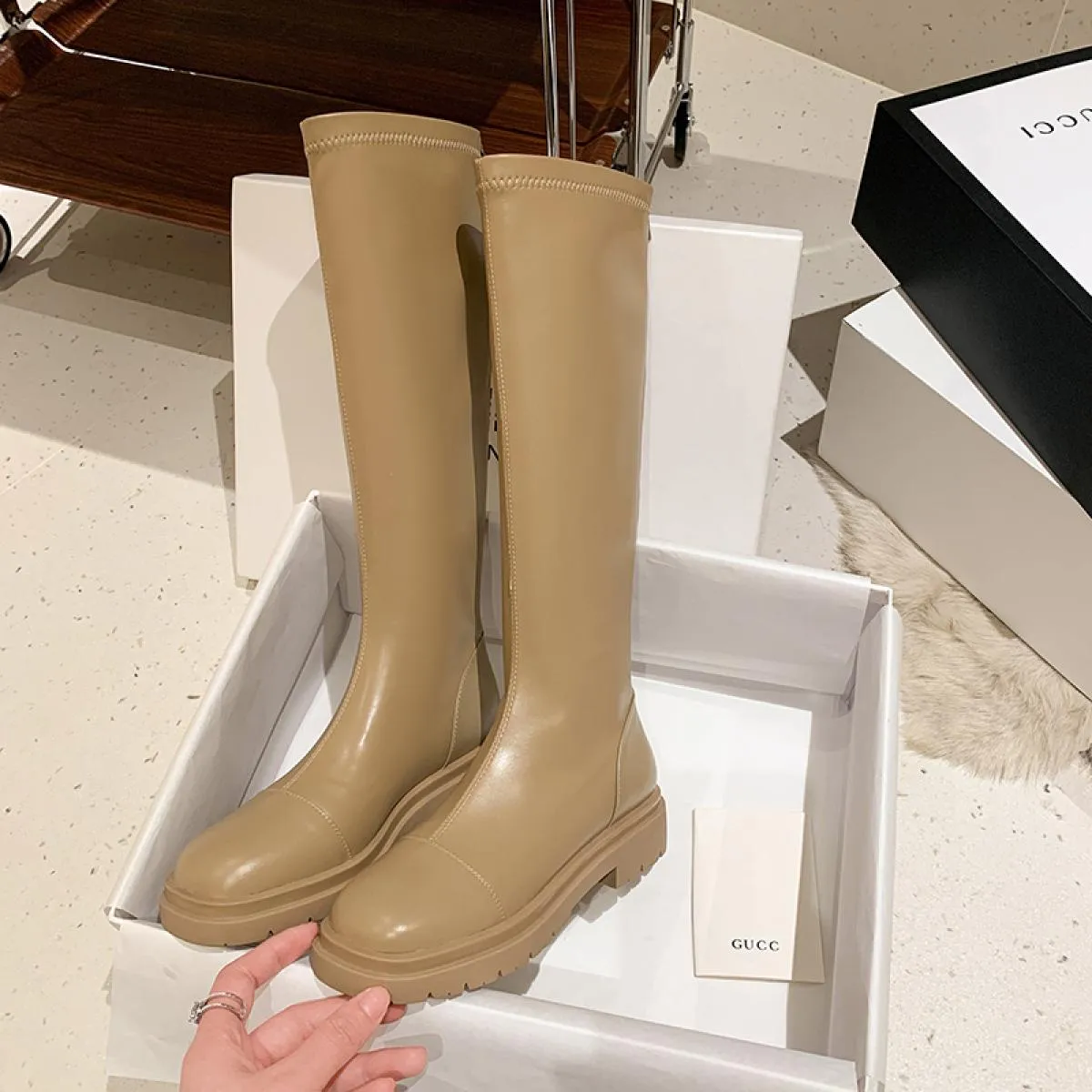2024 Punk Donne Piattaforme Stivali Alti Al Ginocchio Stivali Da Moto Tacchi Med Scarpe di Pelle Genuina Donna Primavera Inverno