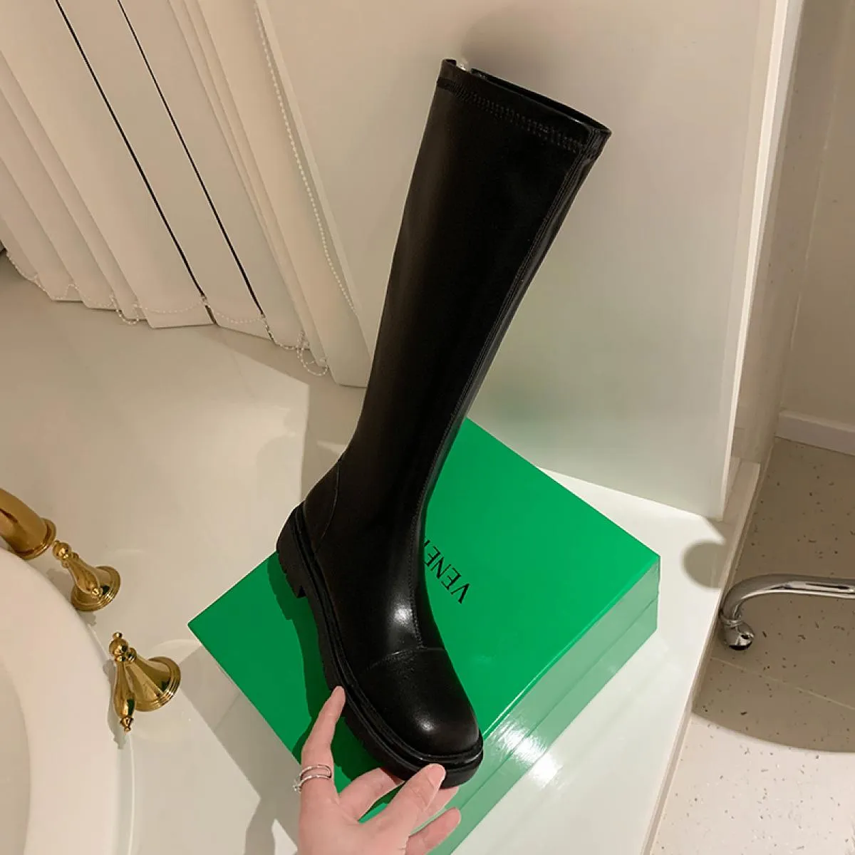 2024 Punk Donne Piattaforme Stivali Alti Al Ginocchio Stivali Da Moto Tacchi Med Scarpe di Pelle Genuina Donna Primavera Inverno