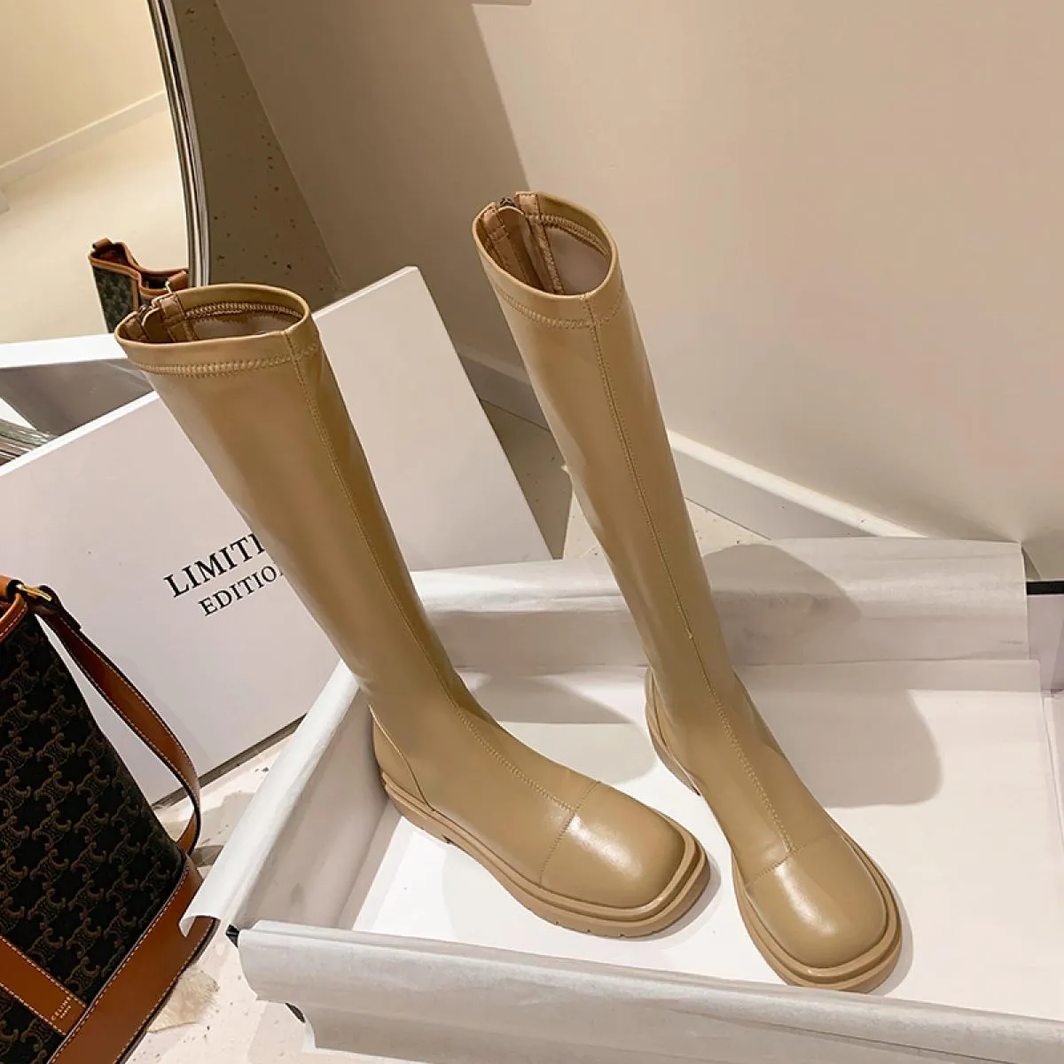 2024 Punk Donne Piattaforme Stivali Alti Al Ginocchio Stivali Da Moto Tacchi Med Scarpe di Pelle Genuina Donna Primavera Inverno