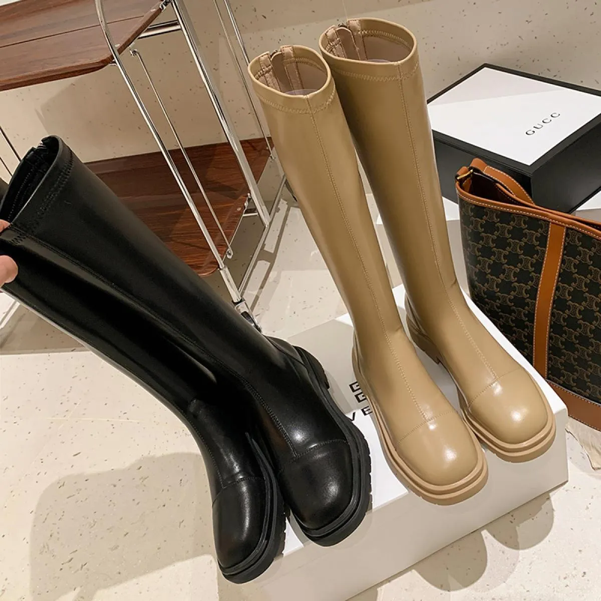 2024 Punk Donne Piattaforme Stivali Alti Al Ginocchio Stivali Da Moto Tacchi Med Scarpe di Pelle Genuina Donna Primavera Inverno