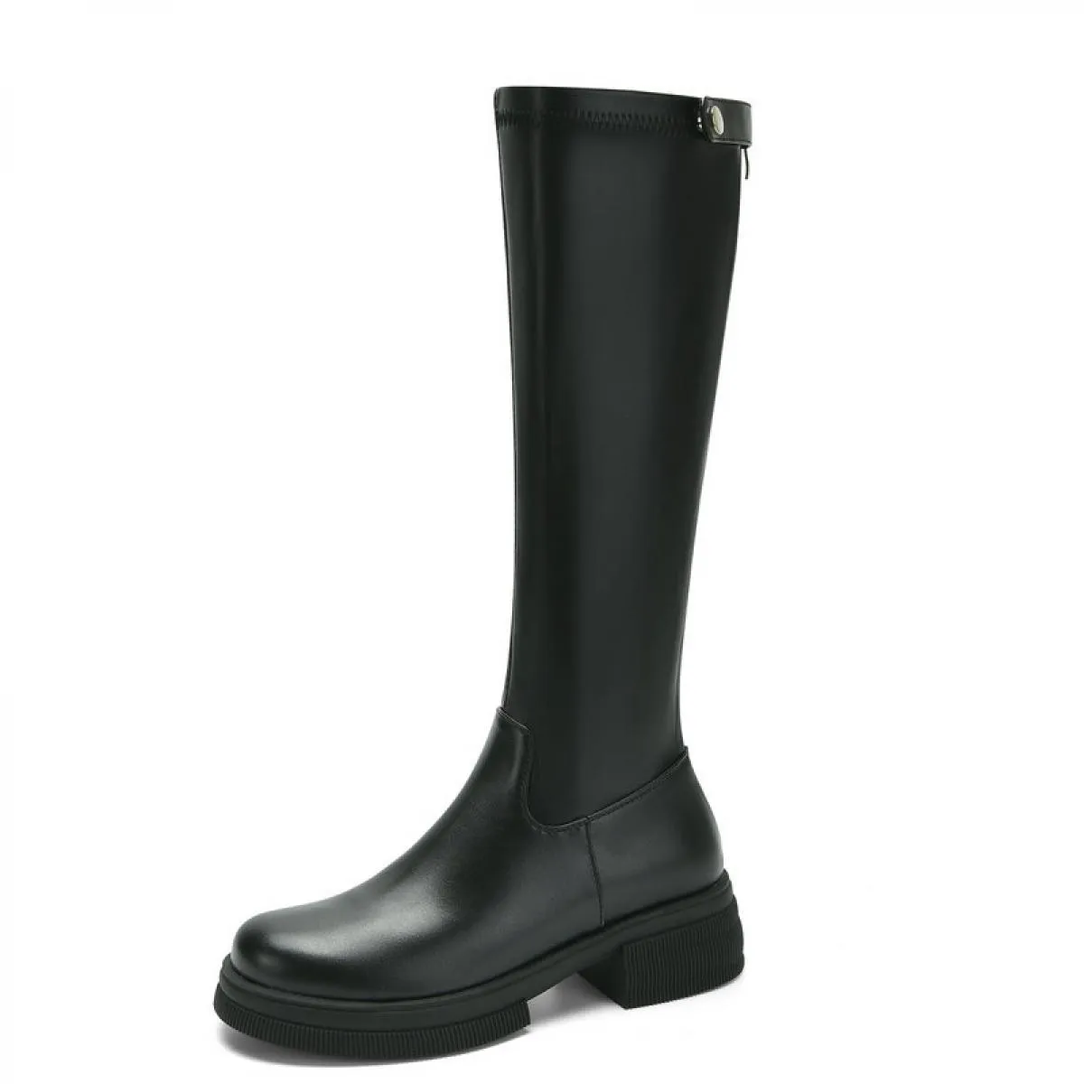 2024 Spessi Tacchi Alti Donne Stivali Alti Al Ginocchio Punta Rotonda Scarpe con Cerniera Donna Autunno Inverno Stivale da Moto