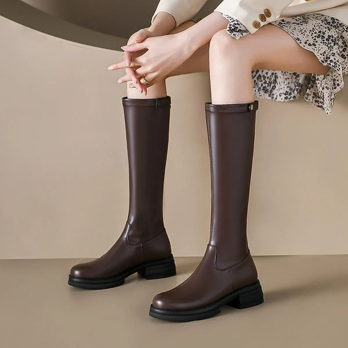 2024 Spessi Tacchi Alti Donne Stivali Alti Al Ginocchio Punta Rotonda Scarpe con Cerniera Donna Autunno Inverno Stivale da Moto