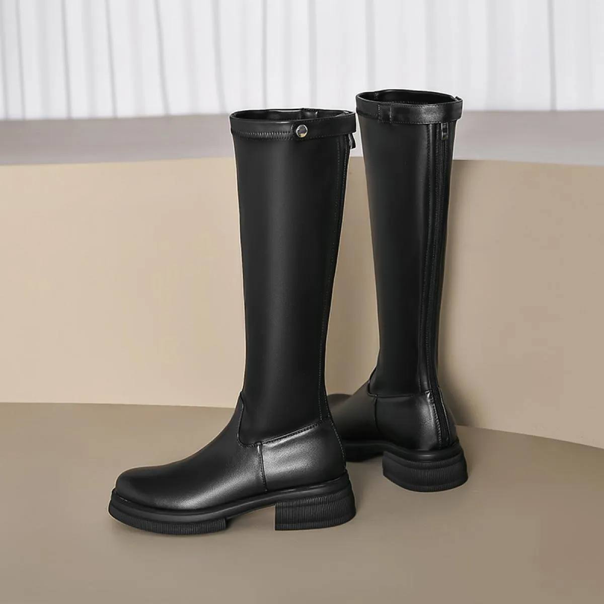 2024 Spessi Tacchi Alti Donne Stivali Alti Al Ginocchio Punta Rotonda Scarpe con Cerniera Donna Autunno Inverno Stivale da Moto