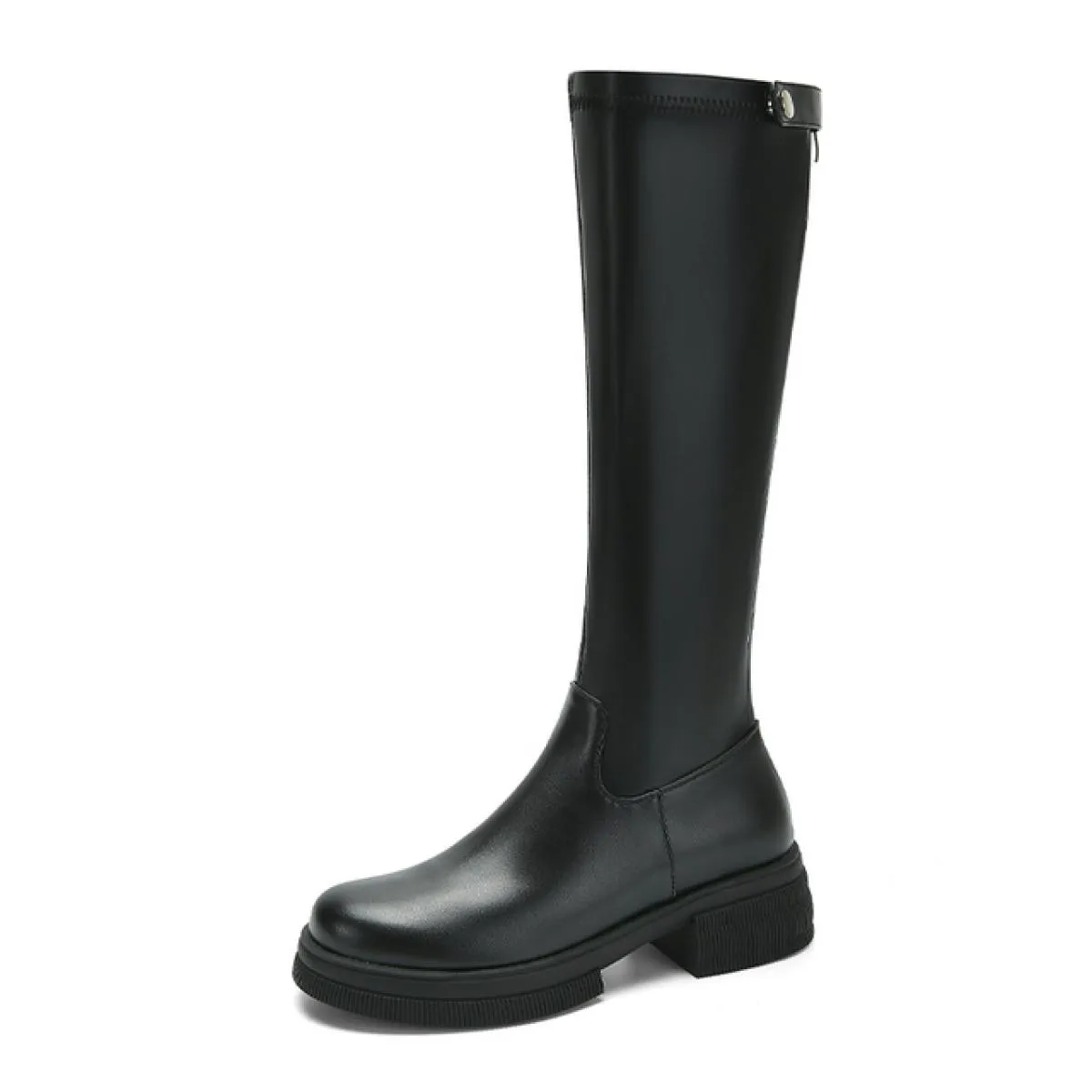 2024 Spessi Tacchi Alti Donne Stivali Alti Al Ginocchio Punta Rotonda Scarpe con Cerniera Donna Autunno Inverno Stivale da Moto