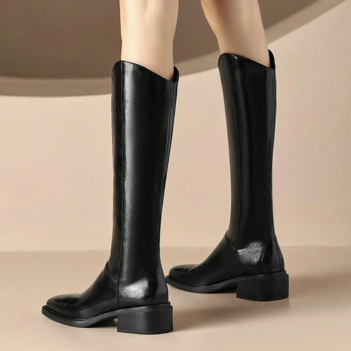 2024 Tacchi alti Donna Stivali alti al ginocchio Autunno Inverno Scarpe a punta quadrata Donna Vera pelle Office Lady Taglia 34