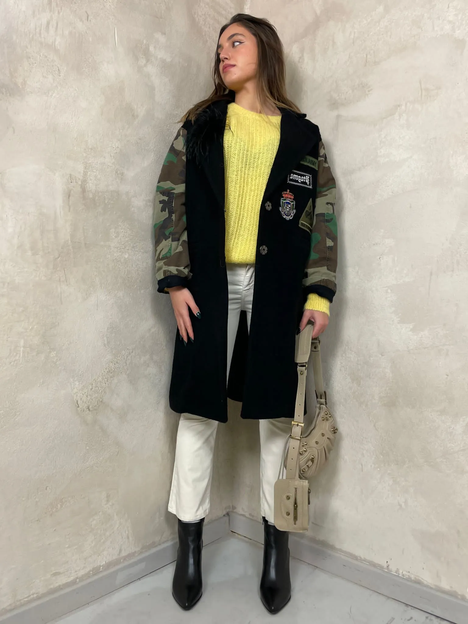 Cappotto Combinato Patch Maniche Camou Nero