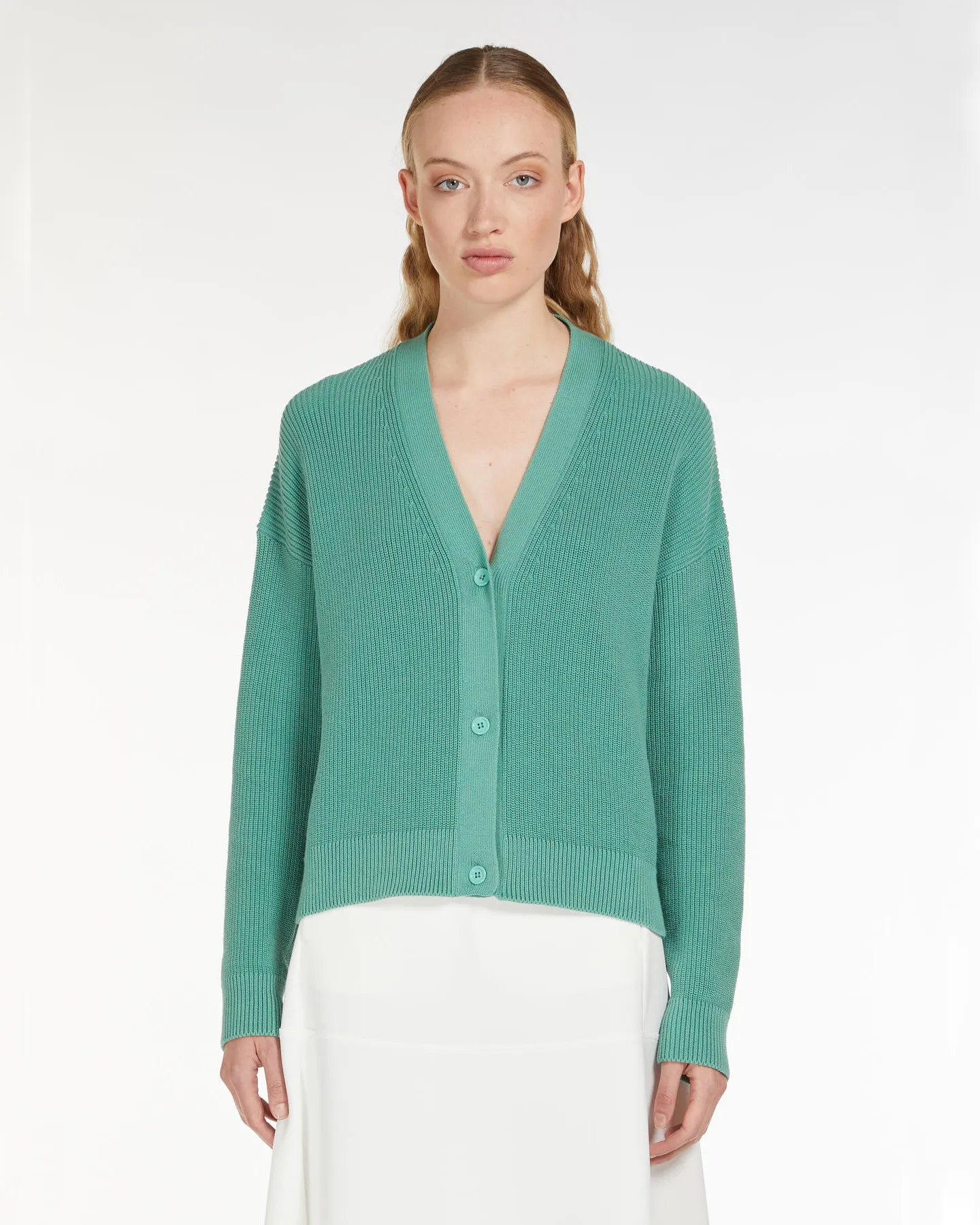 Cardigan verde in cordonetto di cotone con scollo a V