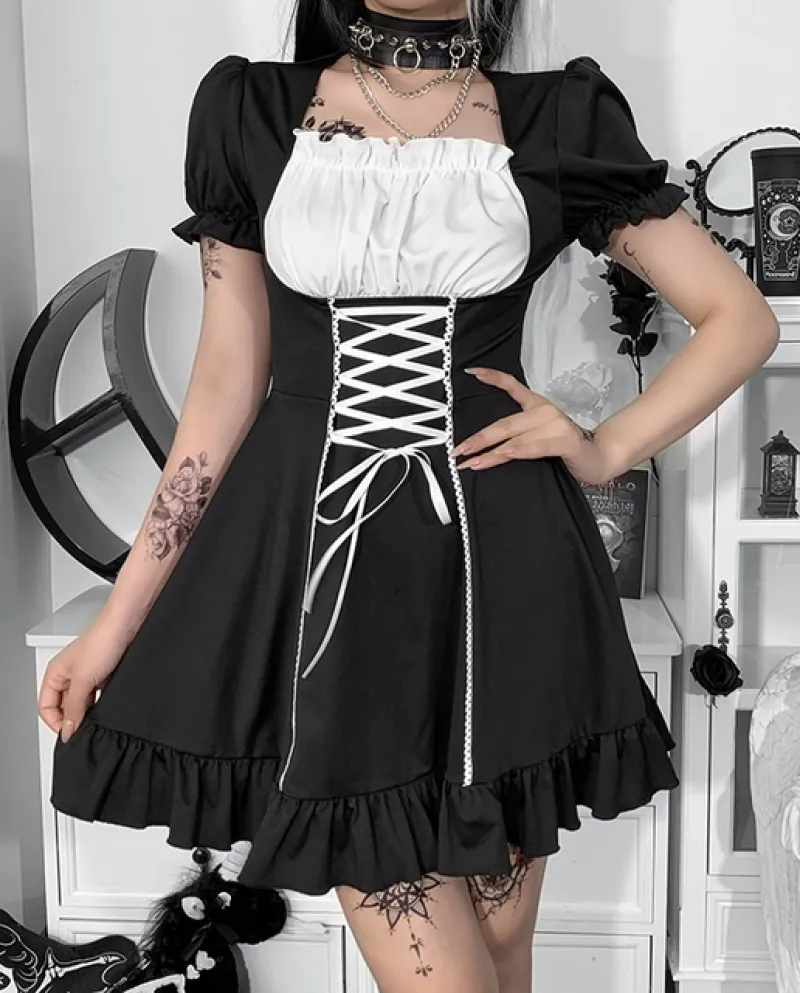 Kayotuas Abito da donna Gotico Sweet Girl Patchwork Legare una linea manica corta a sbuffo colletto quadrato Mini Cosplay Outfit