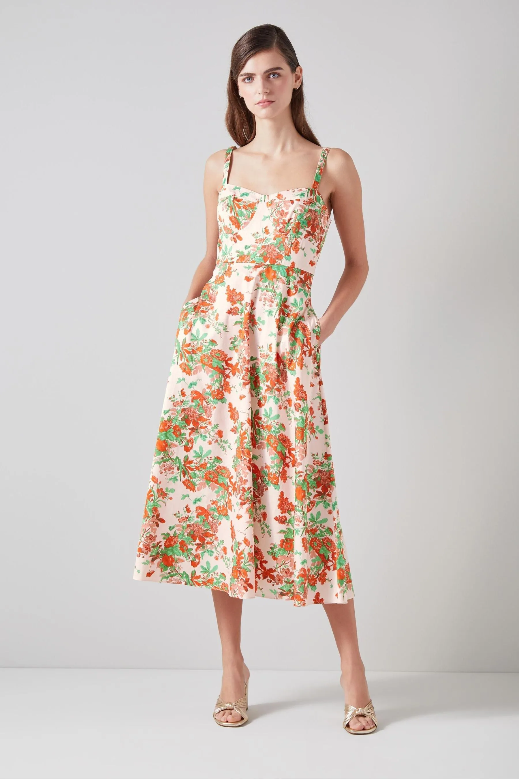 LK Bennett - Lucy - Prendisole in cotone con stampa botanica fluo