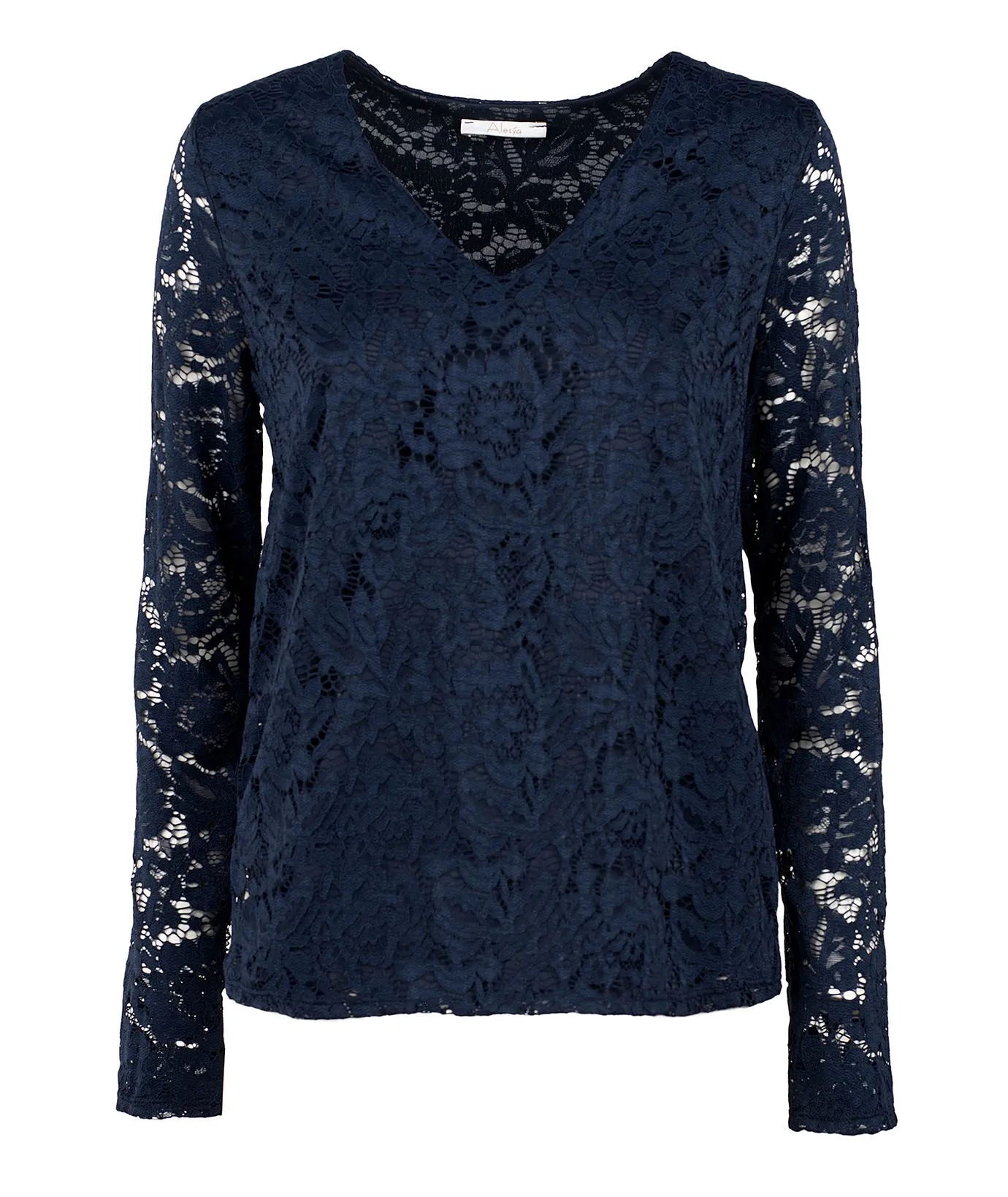 Maglia blu con scollo a V in pizzo