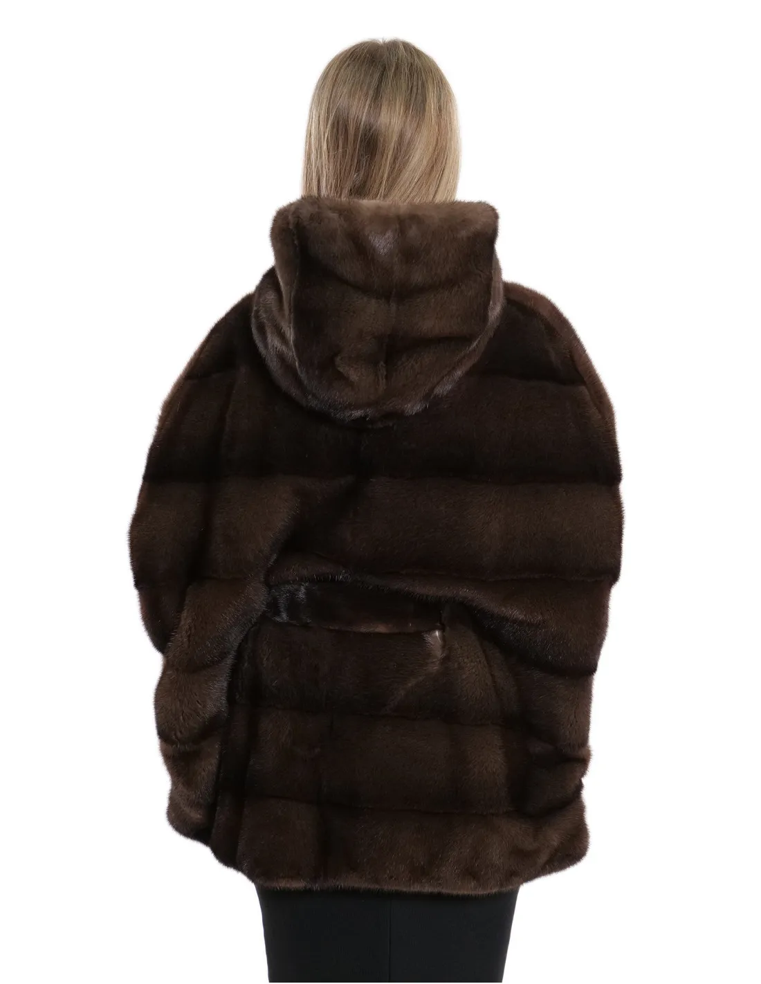 Mantella con cintura in pelliccia demi buff visone 50/56 con lavorazione orizzontale a pelle intera con cappuccio 