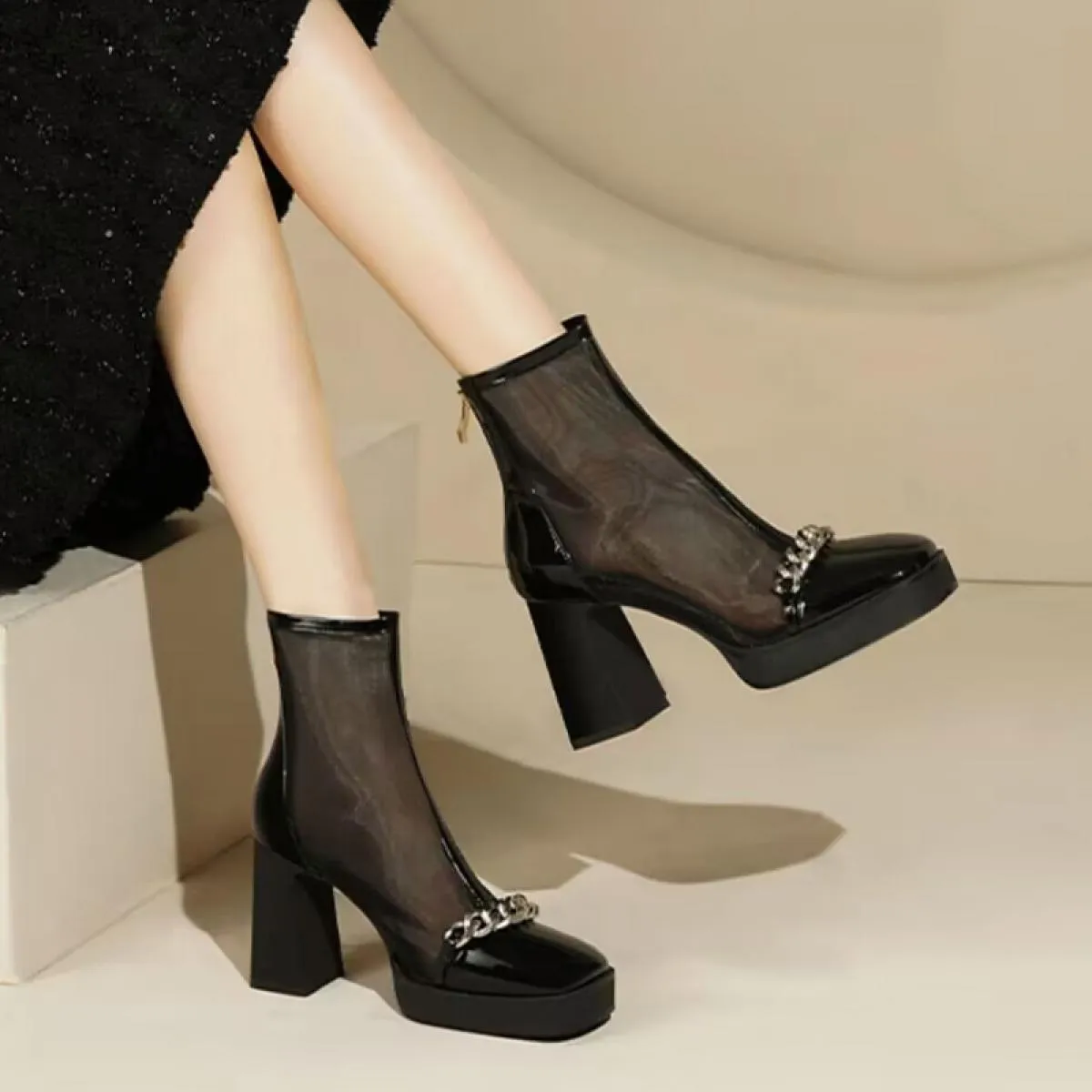 Mesh Stivali da moto Scarpe da donna Sandali Goth Caviglia Tacchi alti 2023 Nuovi stivali invernali Snow Chunky Casual Gladiator