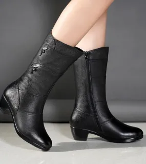 Moda Madre Scarpe Stivali di pelle Punta tonda Scarpe da donna Stivali invernali Donna spessa con stivali Stivali a metà polpacc