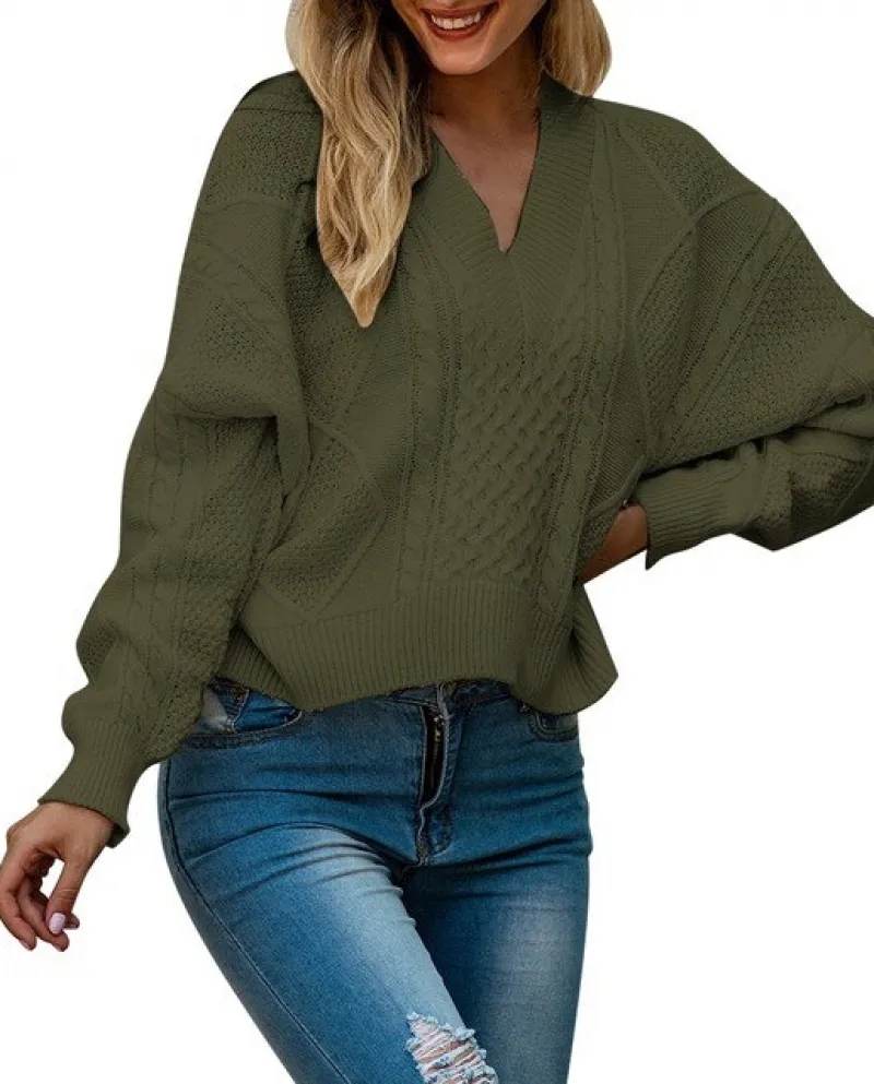 Pullover da donna Pullover autunno e inverno Top in maglia tinta unita scollo a V con fiocco sul retro Pullover a maniche lunghe