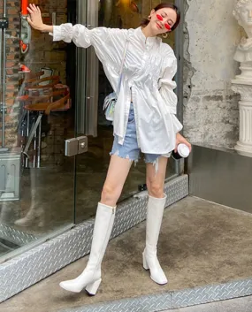 Stivali alti al ginocchio con tacco medio Stivali moderni Décolleté con plateau Party Inverno Nuove scarpe da donna calde Brandy