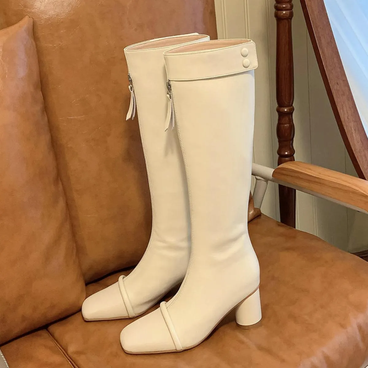 Stivali alti al ginocchio da donna Autunno Inverno Stivali lunghi elasticizzati sottili in vera pelle Scarpe da donna con tacco