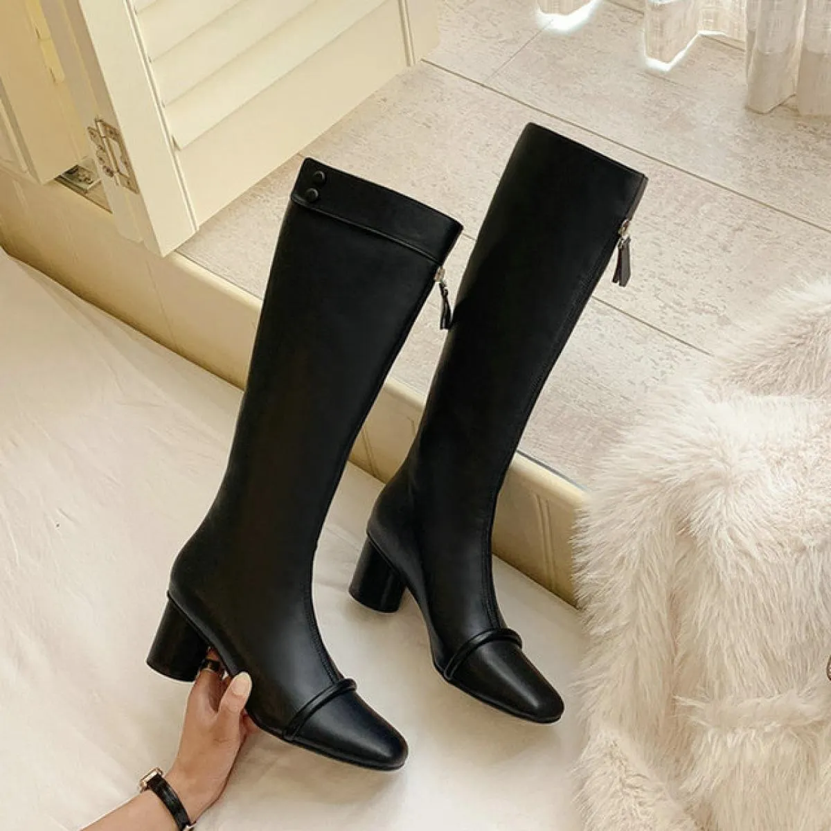 Stivali alti al ginocchio da donna Autunno Inverno Stivali lunghi elasticizzati sottili in vera pelle Scarpe da donna con tacco