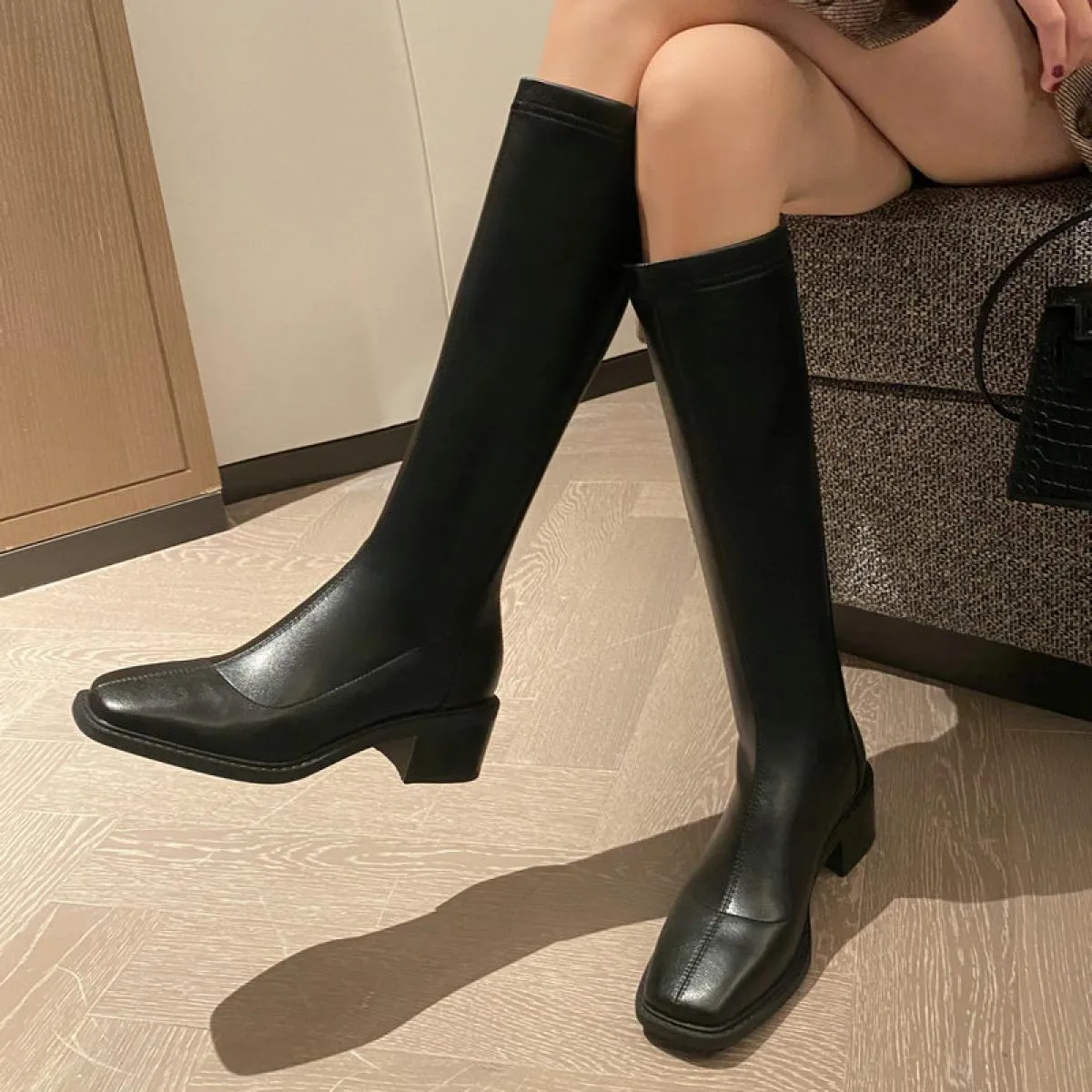 Stivali alti al ginocchio da donna in vera pelle Tacchi alti con cerniera posteriore Primavera Autunno Casaul Scarpe eleganti Do
