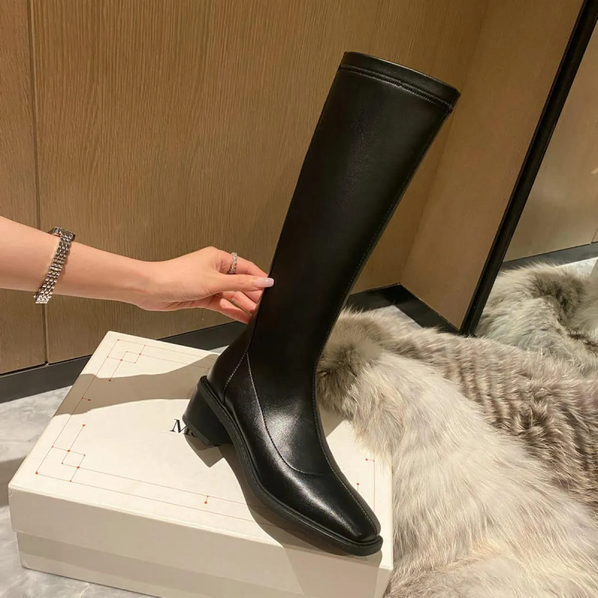 Stivali alti al ginocchio da donna in vera pelle Tacchi alti con cerniera posteriore Primavera Autunno Casaul Scarpe eleganti Do