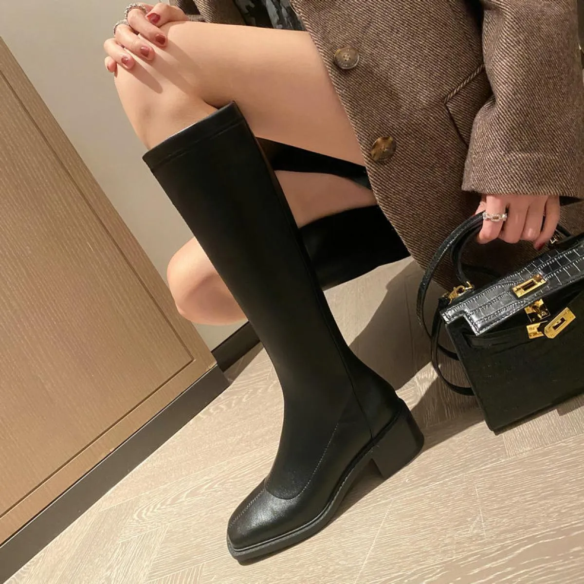 Stivali alti al ginocchio da donna in vera pelle Tacchi alti con cerniera posteriore Primavera Autunno Casaul Scarpe eleganti Do