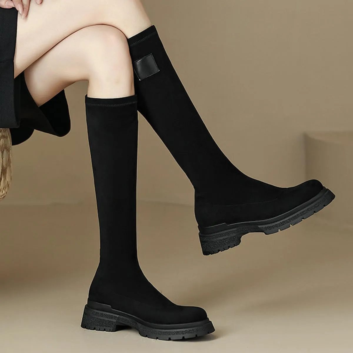 Stivali alti al ginocchio da donna Piattaforme di giunzione in vera pelle Stivali elasticizzati Scarpe con tacco spesso Donna Au
