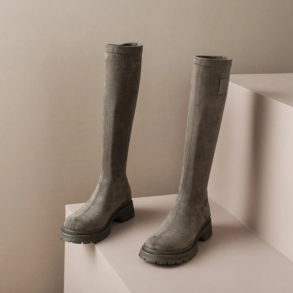 Stivali alti al ginocchio da donna Piattaforme di giunzione in vera pelle Stivali elasticizzati Scarpe con tacco spesso Donna Au