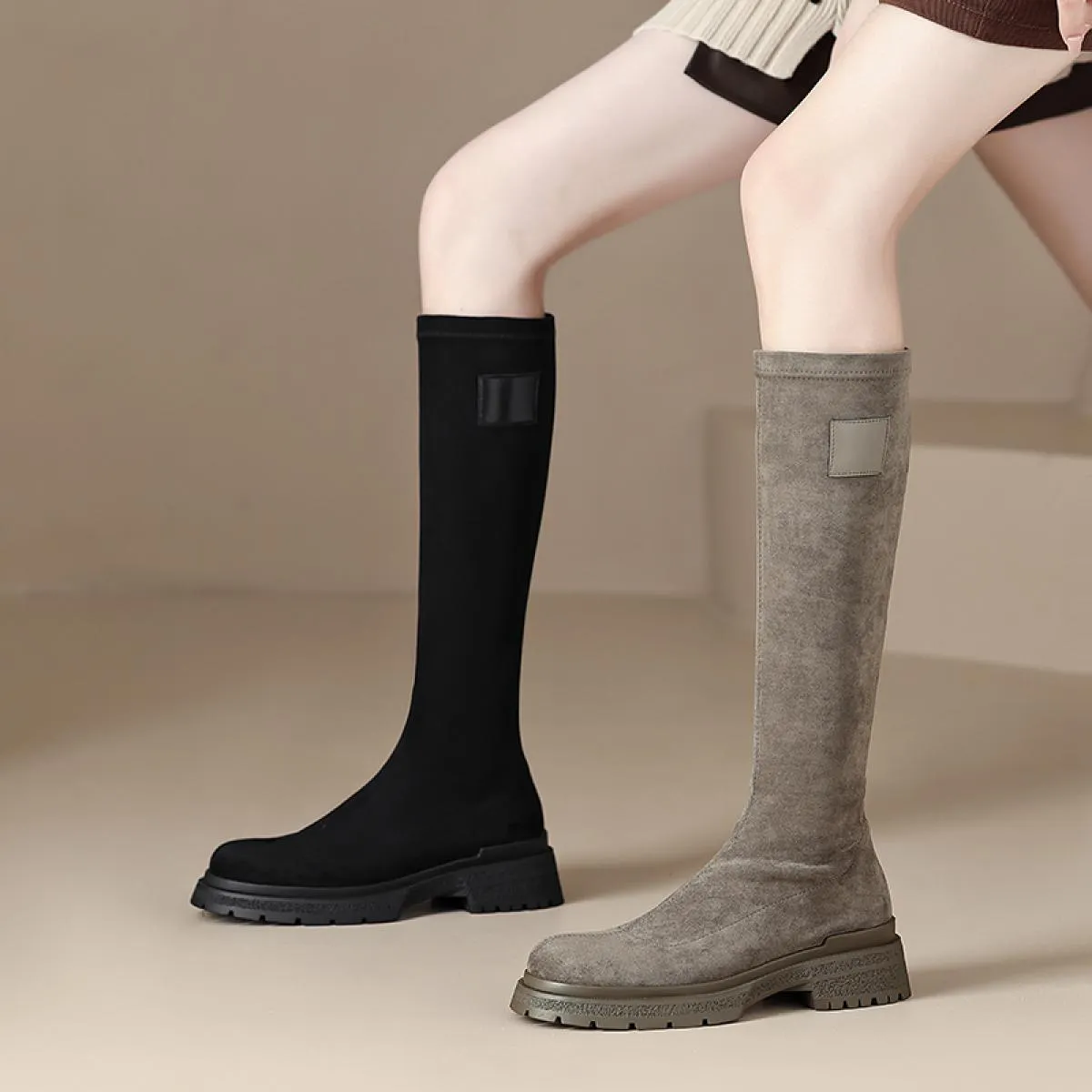 Stivali alti al ginocchio da donna Piattaforme di giunzione in vera pelle Stivali elasticizzati Scarpe con tacco spesso Donna Au