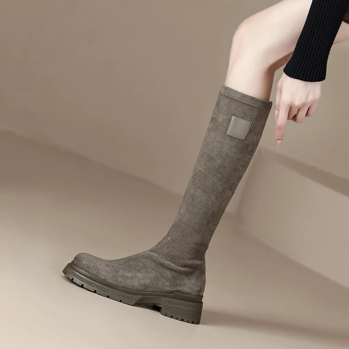 Stivali alti al ginocchio da donna Piattaforme di giunzione in vera pelle Stivali elasticizzati Scarpe con tacco spesso Donna Au