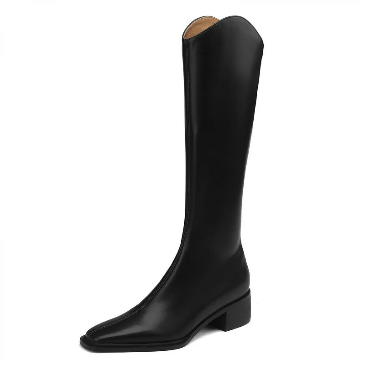 Stivali alti al ginocchio da donna Scarpe moda in vera pelle Donna Punta quadrata Tacco medio spesso Stivali occidentali Taglia