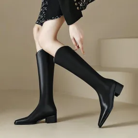 Stivali alti al ginocchio da donna Scarpe moda in vera pelle Donna Punta quadrata Tacco medio spesso Stivali occidentali Taglia