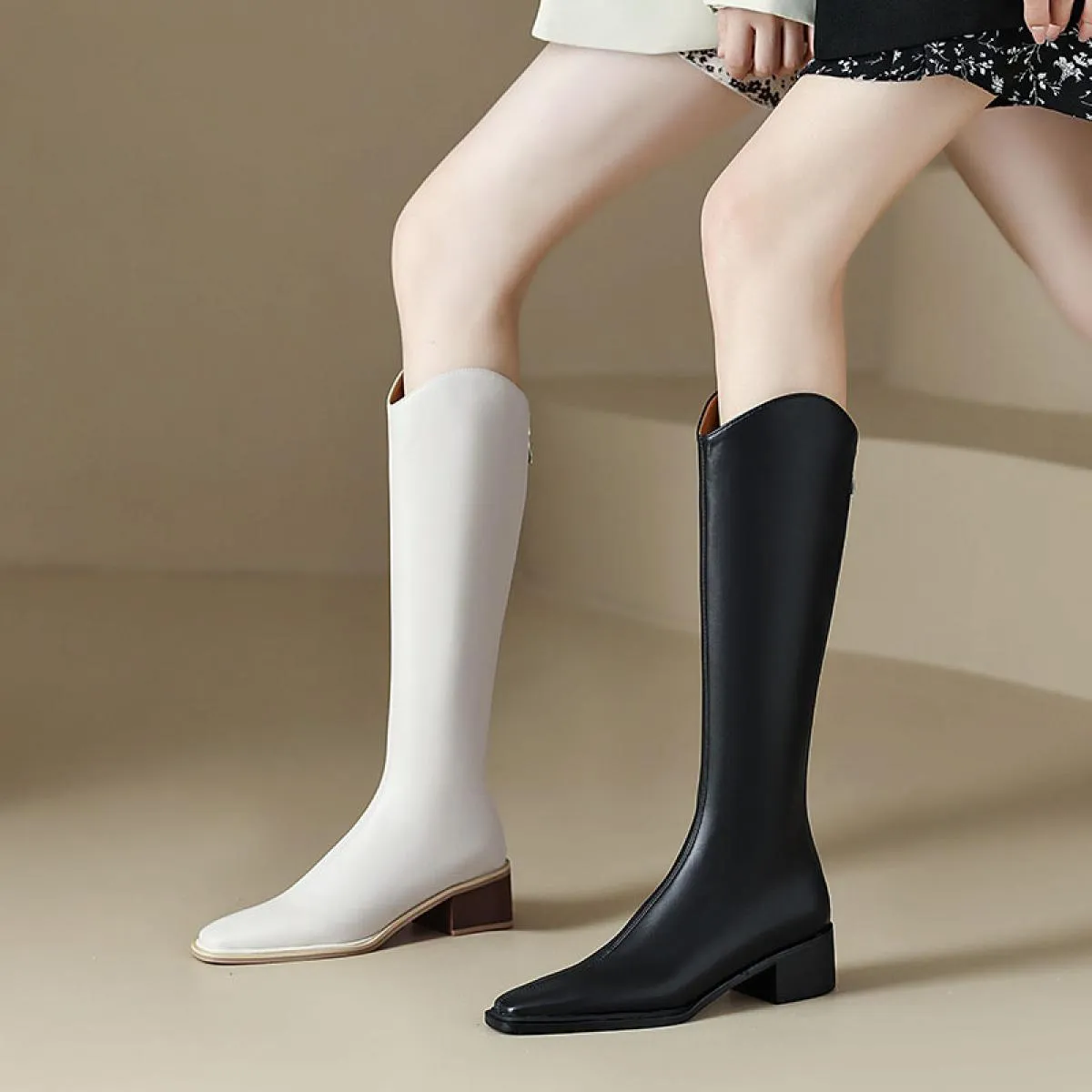 Stivali alti al ginocchio da donna Scarpe moda in vera pelle Donna Punta quadrata Tacco medio spesso Stivali occidentali Taglia