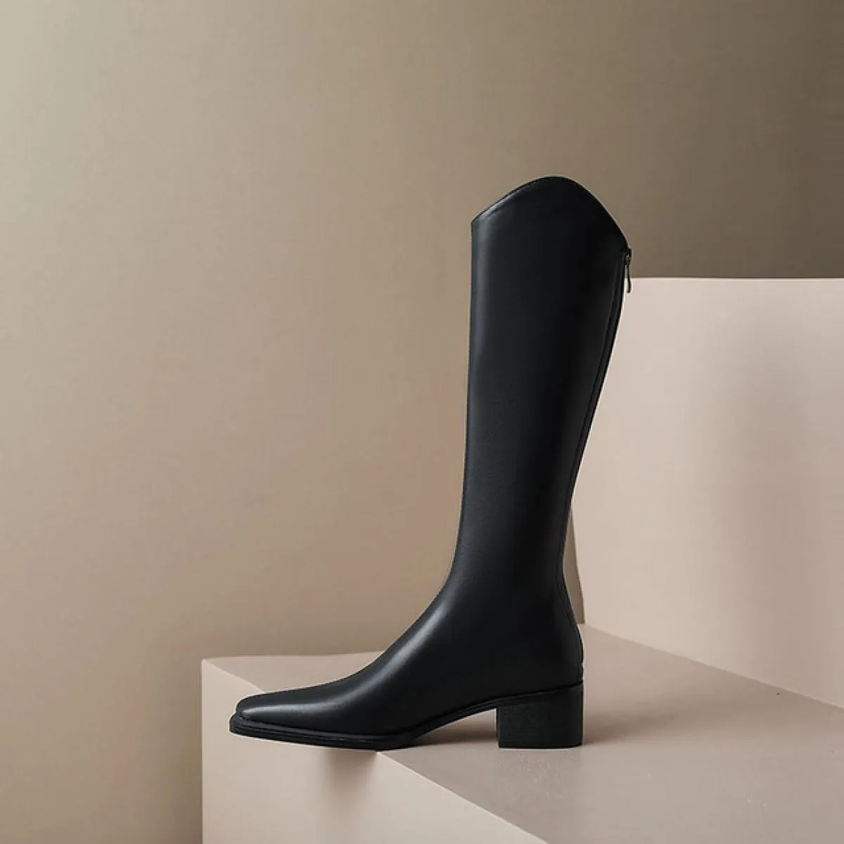 Stivali alti al ginocchio da donna Scarpe moda in vera pelle Donna Punta quadrata Tacco medio spesso Stivali occidentali Taglia