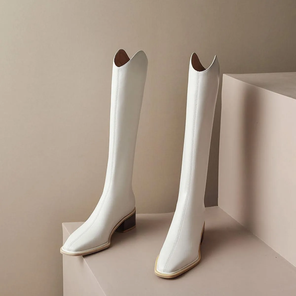 Stivali alti al ginocchio da donna Scarpe moda in vera pelle Donna Punta quadrata Tacco medio spesso Stivali occidentali Taglia
