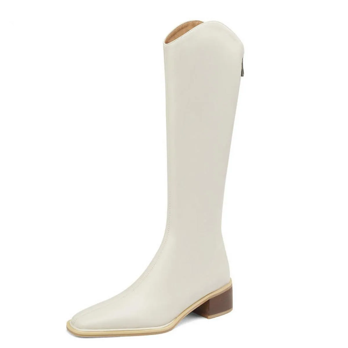 Stivali alti al ginocchio da donna Scarpe moda in vera pelle Donna Punta quadrata Tacco medio spesso Stivali occidentali Taglia