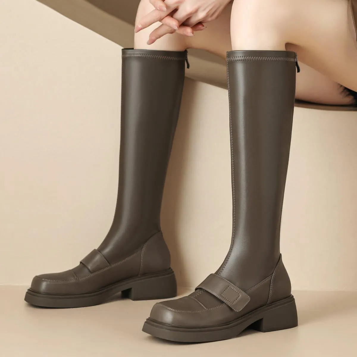 Stivali alti al ginocchio in vera pelle da donna Autunno Inverno Moda tacchi alti spessi piattaforma con cerniera scarpe da moto