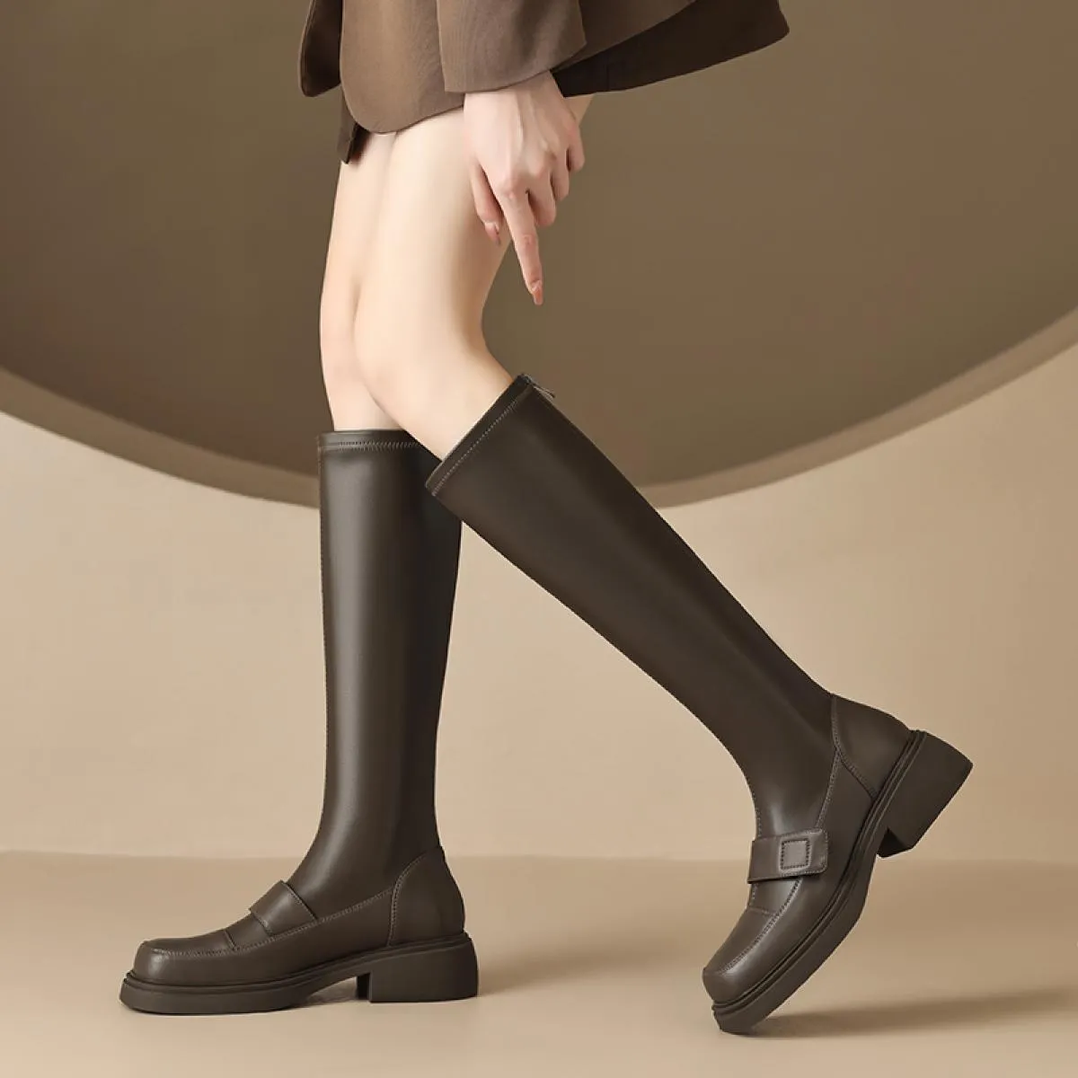 Stivali alti al ginocchio in vera pelle da donna Autunno Inverno Moda tacchi alti spessi piattaforma con cerniera scarpe da moto