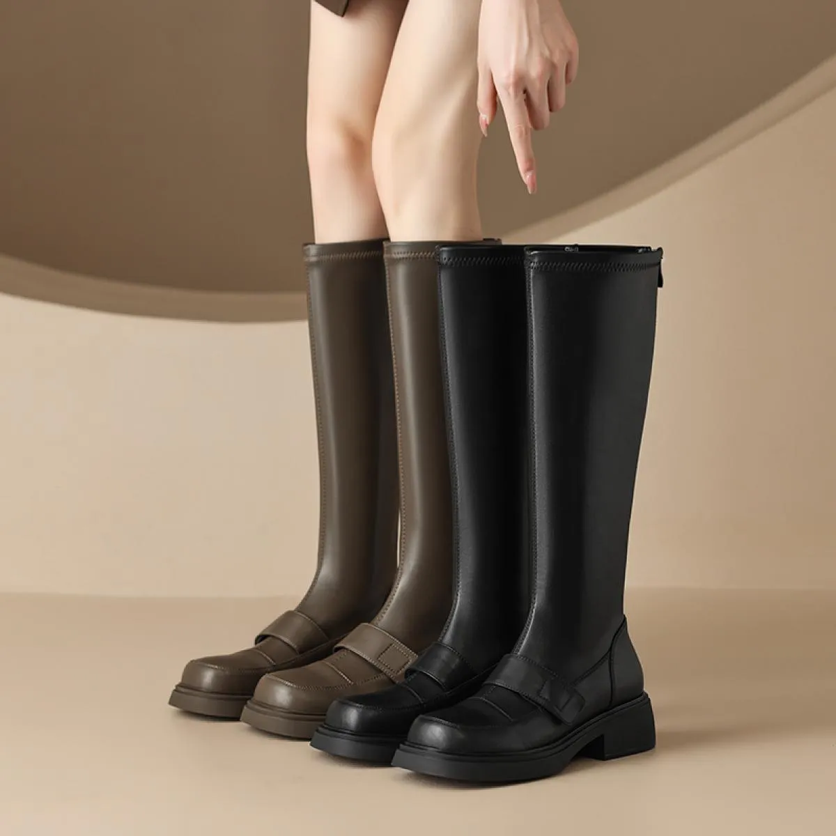 Stivali alti al ginocchio in vera pelle da donna Autunno Inverno Moda tacchi alti spessi piattaforma con cerniera scarpe da moto