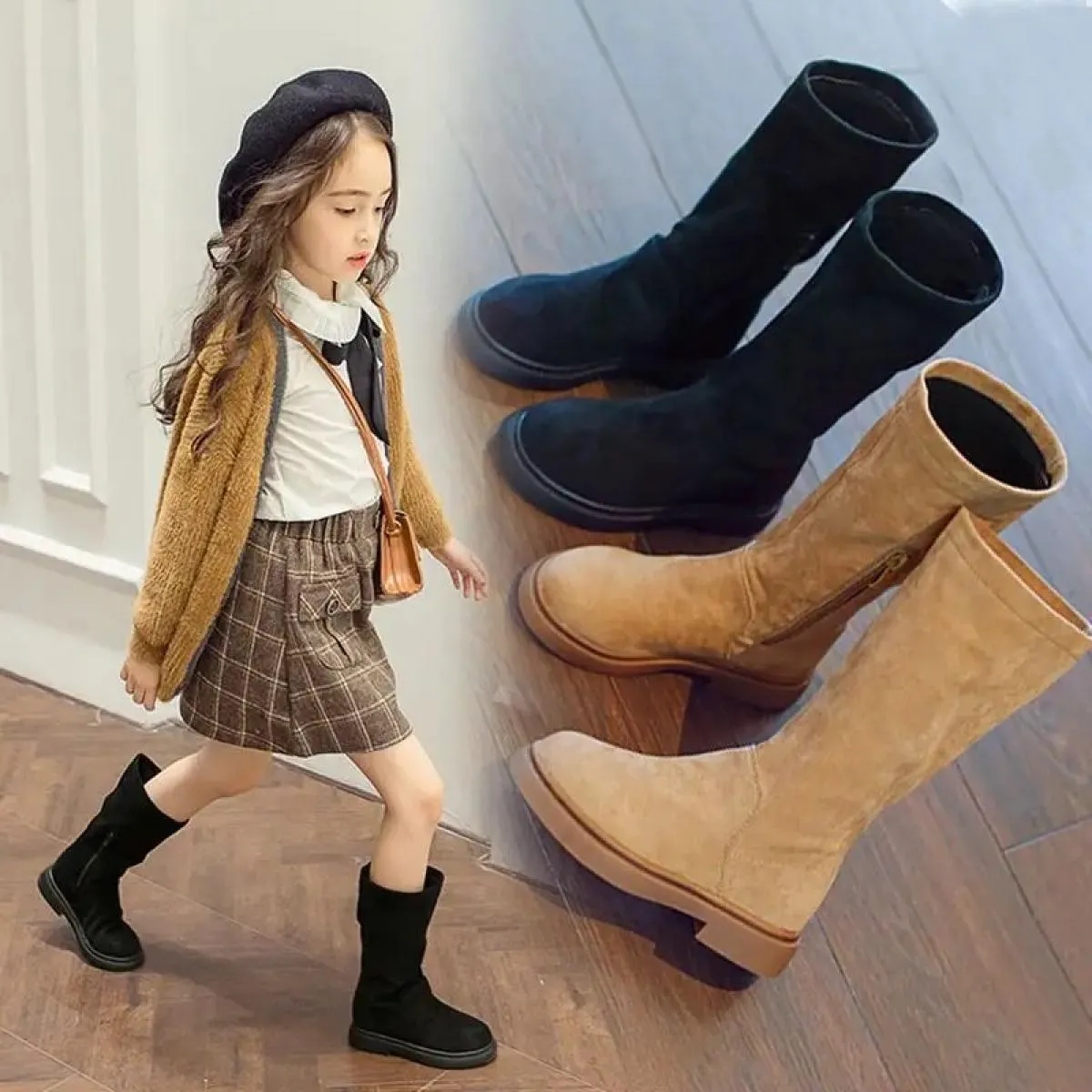 Stivali alti al ginocchio Scarpe da principessa per ragazze Stivali per bambini Novità 2024 Scarpe in cotone caldo scamosciato m