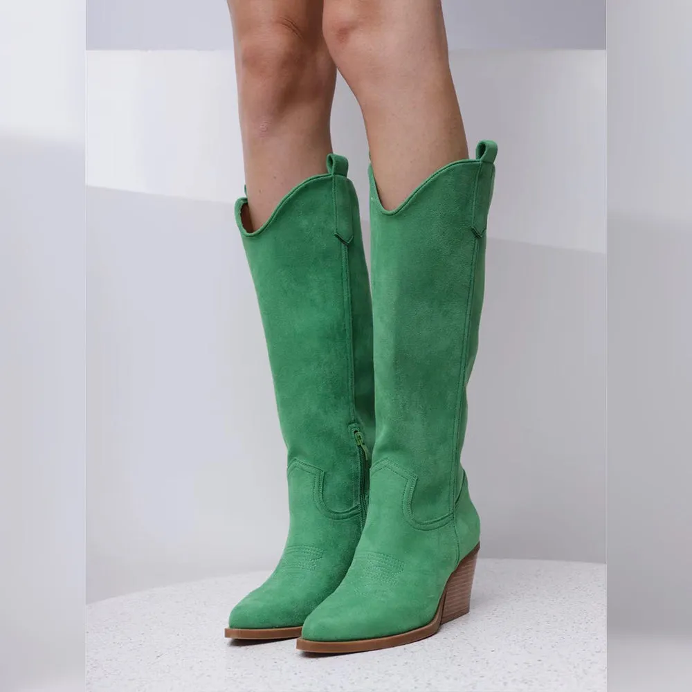 Stivali Alti Camperos Texani A Punta Ginocchio Western Camoscio Da Donna LY80-4