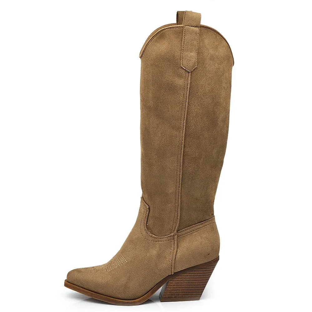 Stivali Alti Camperos Texani A Punta Ginocchio Western Camoscio Da Donna LY80-4