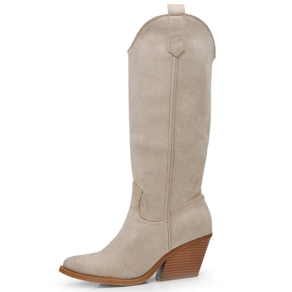 Stivali Alti Camperos Texani A Punta Ginocchio Western Camoscio Da Donna LY80-4