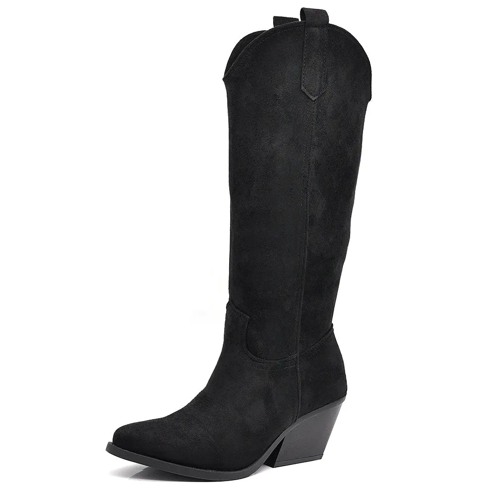 Stivali Alti Camperos Texani A Punta Ginocchio Western Camoscio Da Donna LY80-4